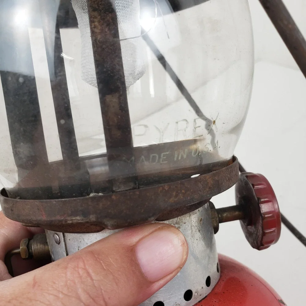 Coleman 200A Red Gas Lantern Single Mantle Original Pyrex Globe USA 11/57